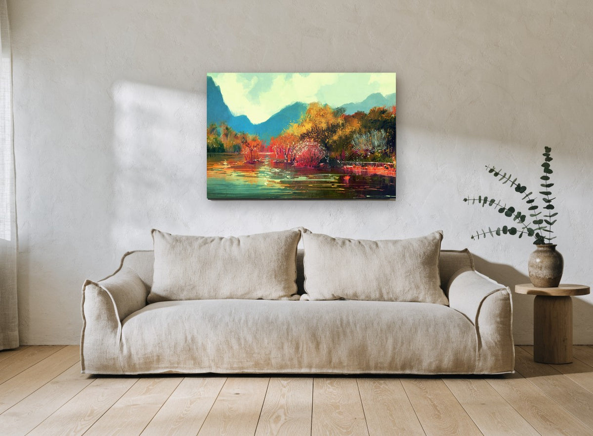 Autumn Lake Glow landscape canvas print on the wall of a living room
