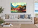 Autumn Lake Glow landscape canvas print on the wall of a beach house living room