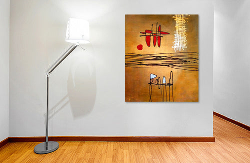 Airplane oil painting hanging on a wall in a styled room