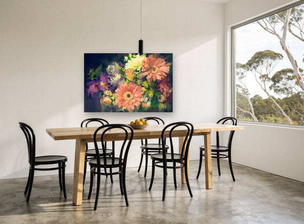 Dusk Gerbera Bouquet floral canvas print on the wall of a dining room