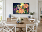 Dusk Gerbera Bouquet floral canvas print on the wall of a Hamptons dining room