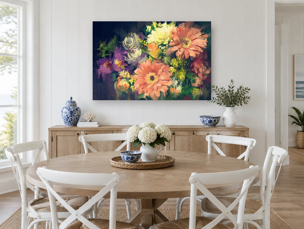 Dusk Gerbera Bouquet floral canvas print on the wall of a Hamptons dining room