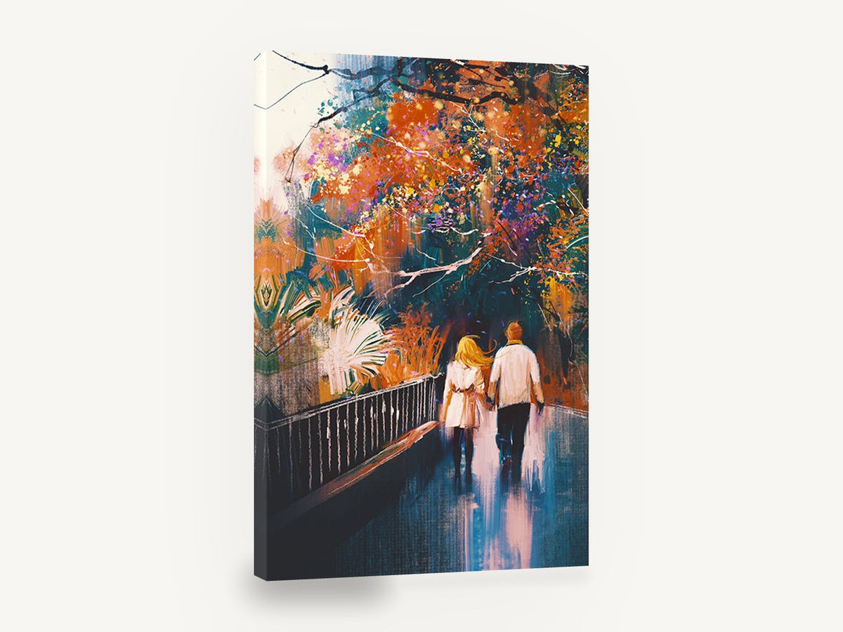 Autumn Park Stroll, couple walking autumn park illustration, landscape canvas wall art print ready to hang