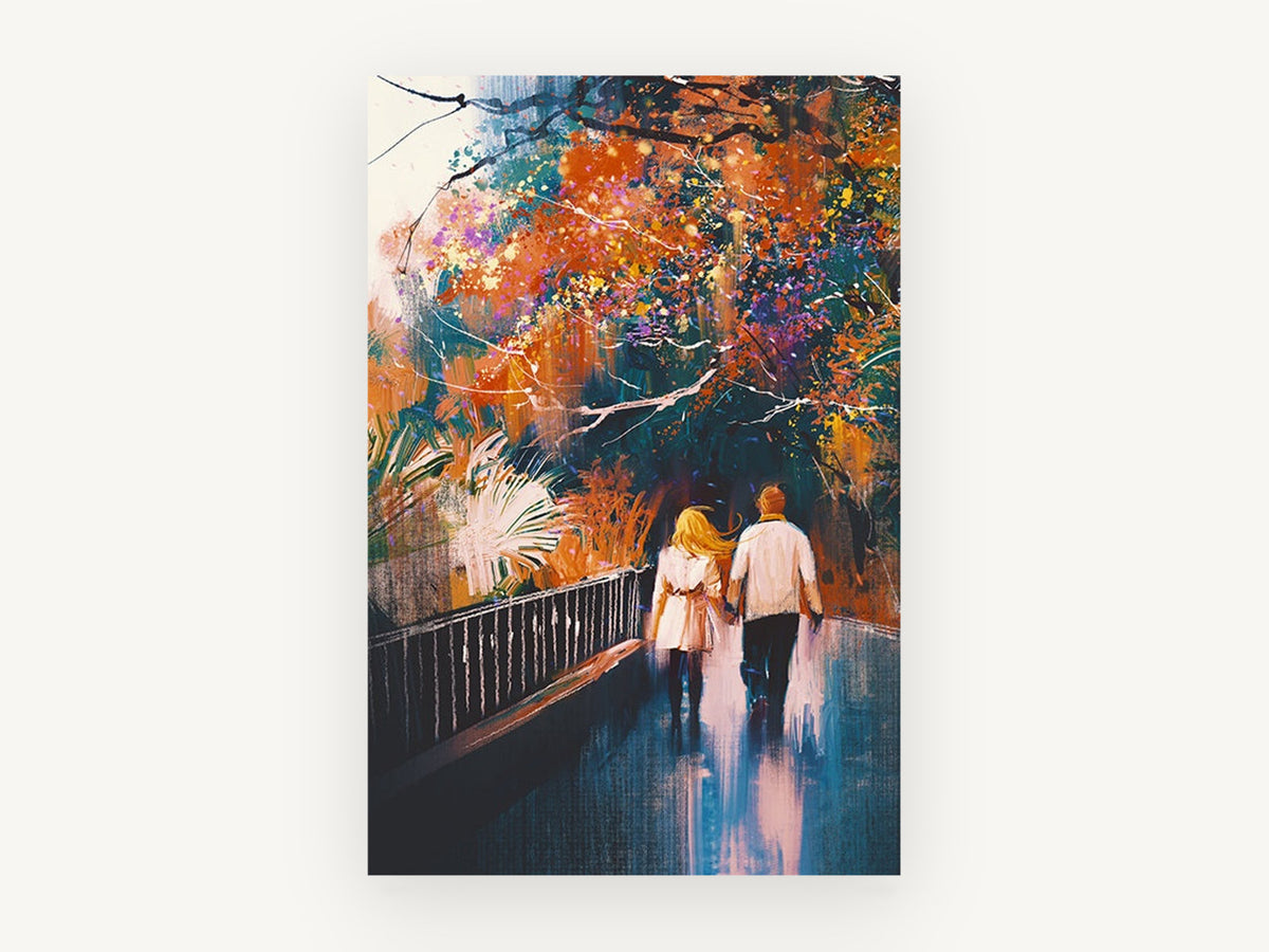 Autumn Park Stroll, couple walking autumn park illustration, landscape canvas wall art print, front view
