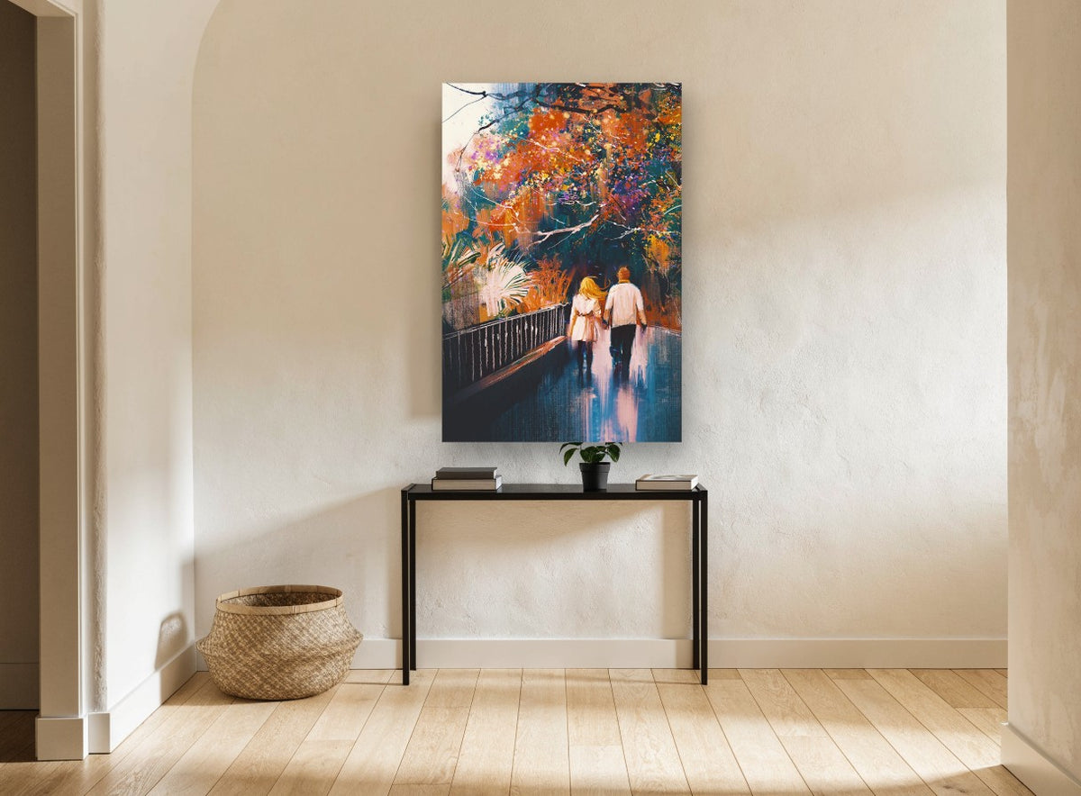 Autumn Park Stroll landscape canvas print on the wall of a hallway