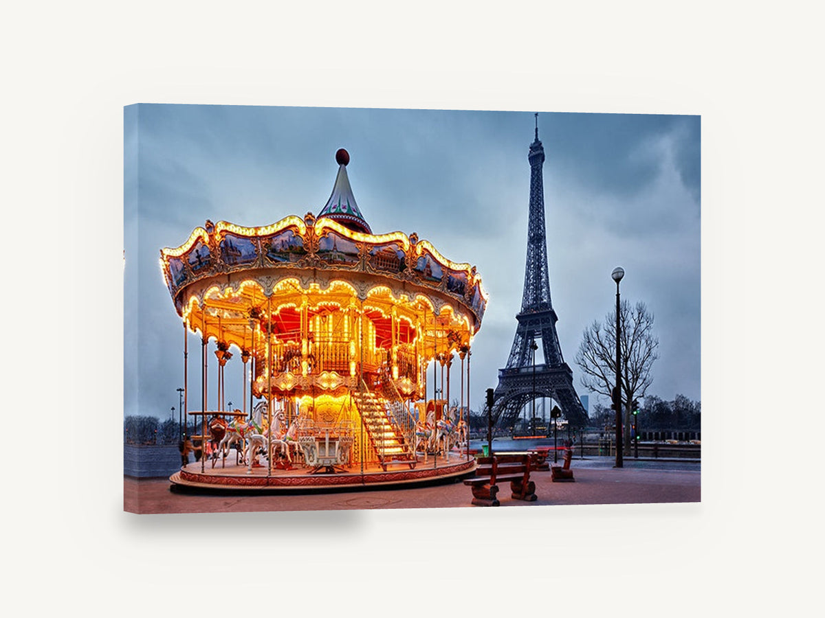 Carousel Dusk Paris, paris carousel and eiffel tower photograph, city canvas wall art print ready to hang