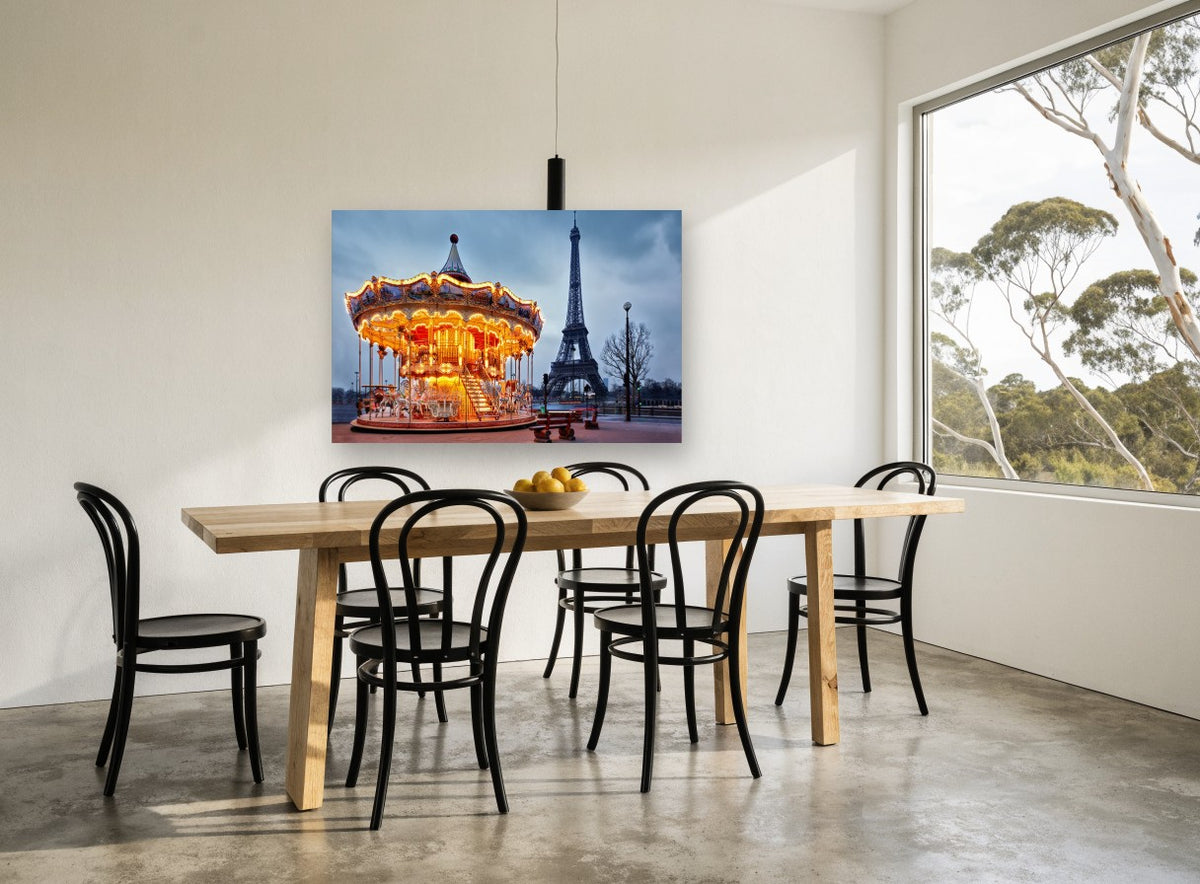 Carousel Dusk Paris city canvas print on the wall of a dining room