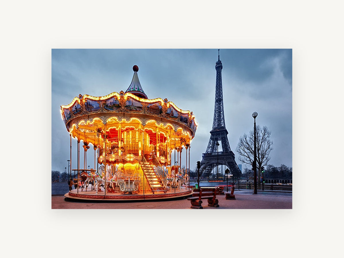 Carousel Dusk Paris, paris carousel and eiffel tower photograph, city canvas wall art print, front view