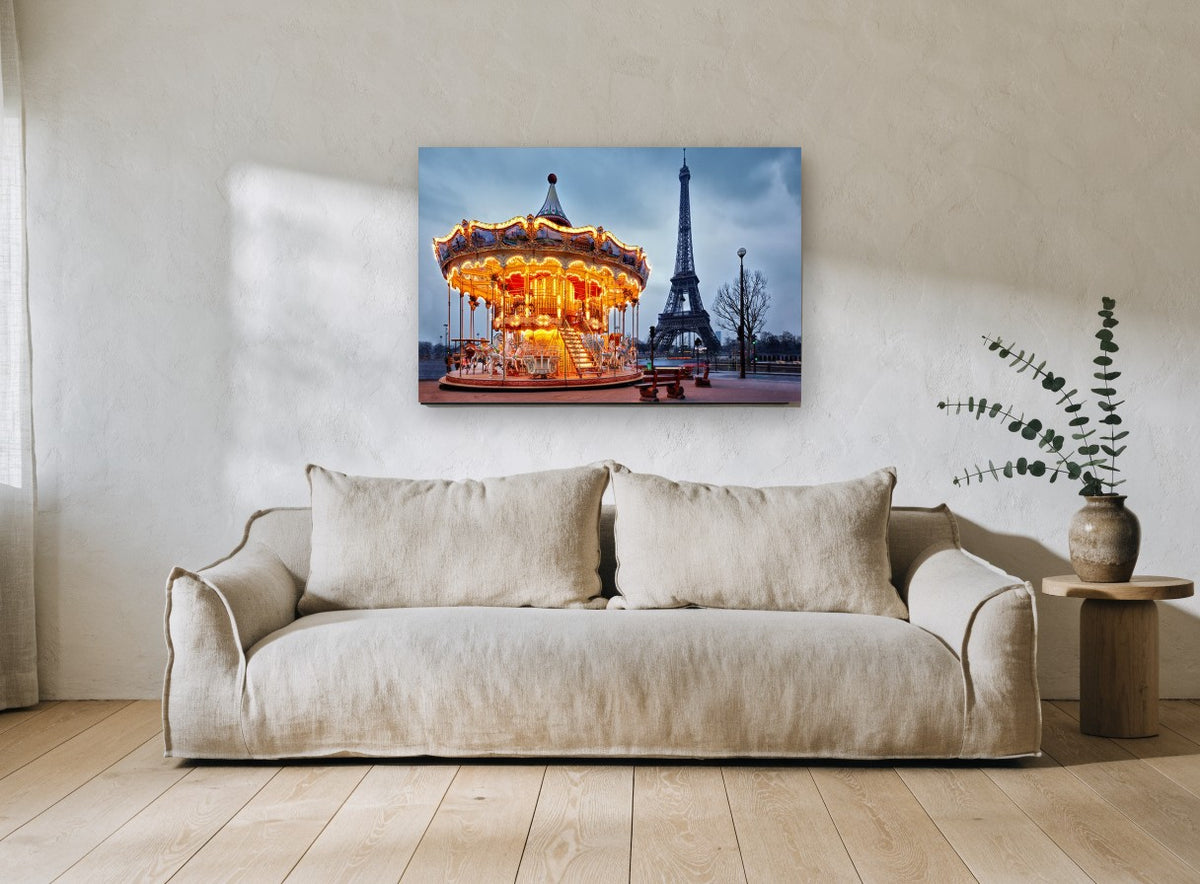 Carousel Dusk Paris city canvas print on the wall of a living room