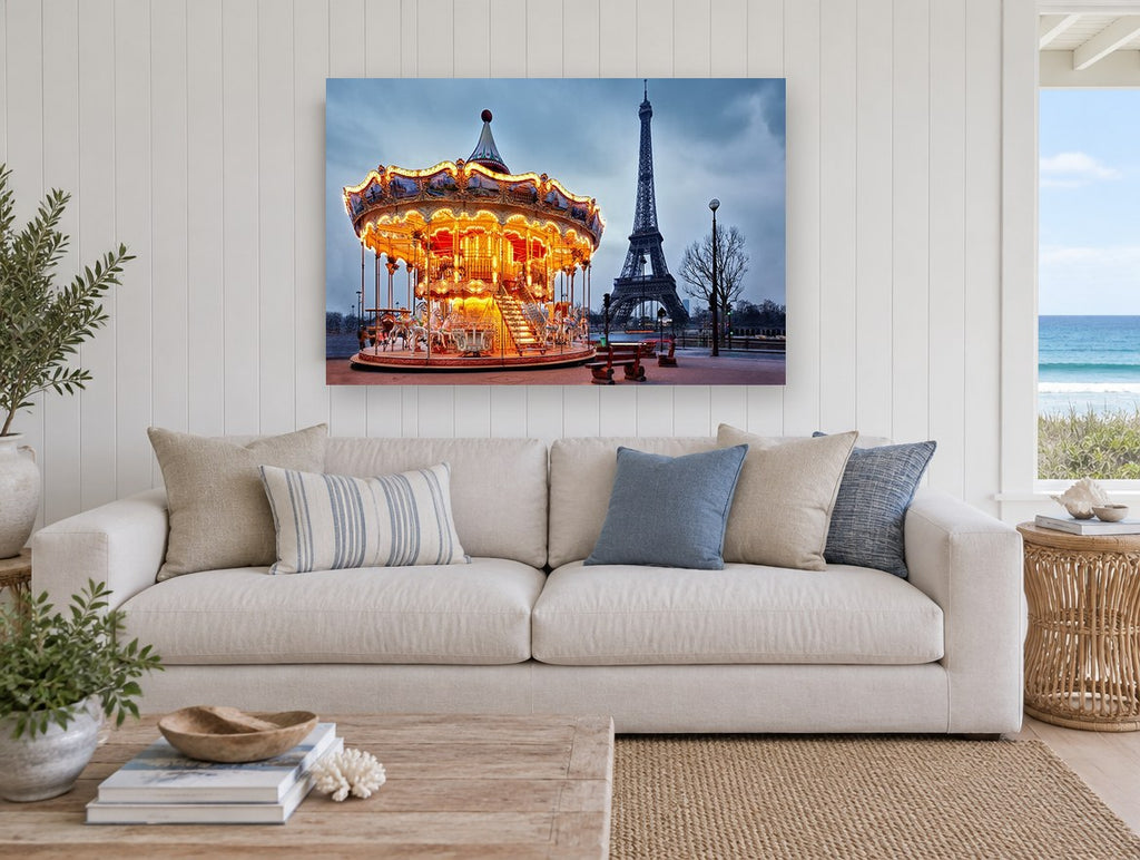 Carousel Dusk Paris city canvas print on the wall of a beach house living room