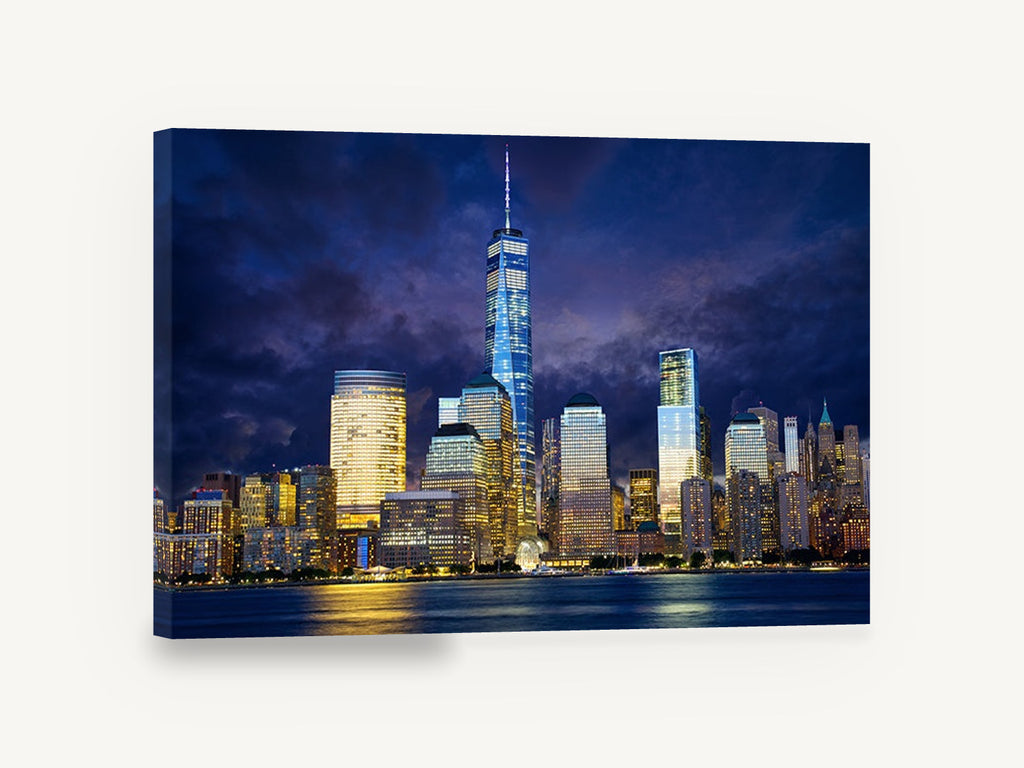 Lower Manhattan Storm Glow, lower manhattan skyline at dusk photograph, city canvas wall art print ready to hang