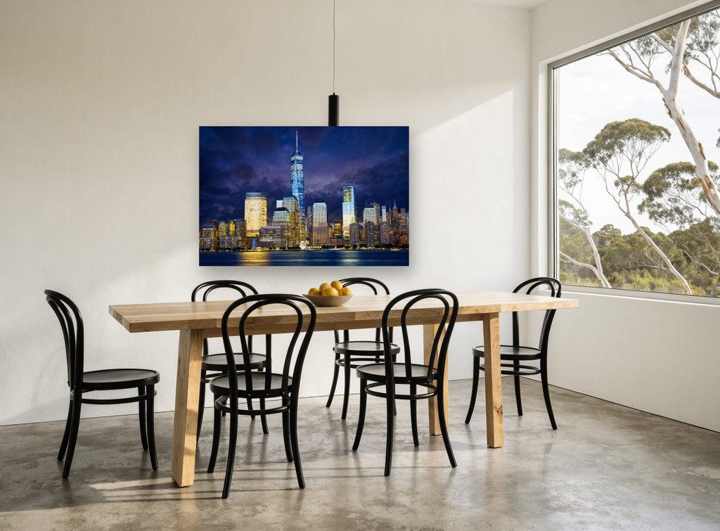 Lower Manhattan Storm Glow city canvas print on the wall of a dining room