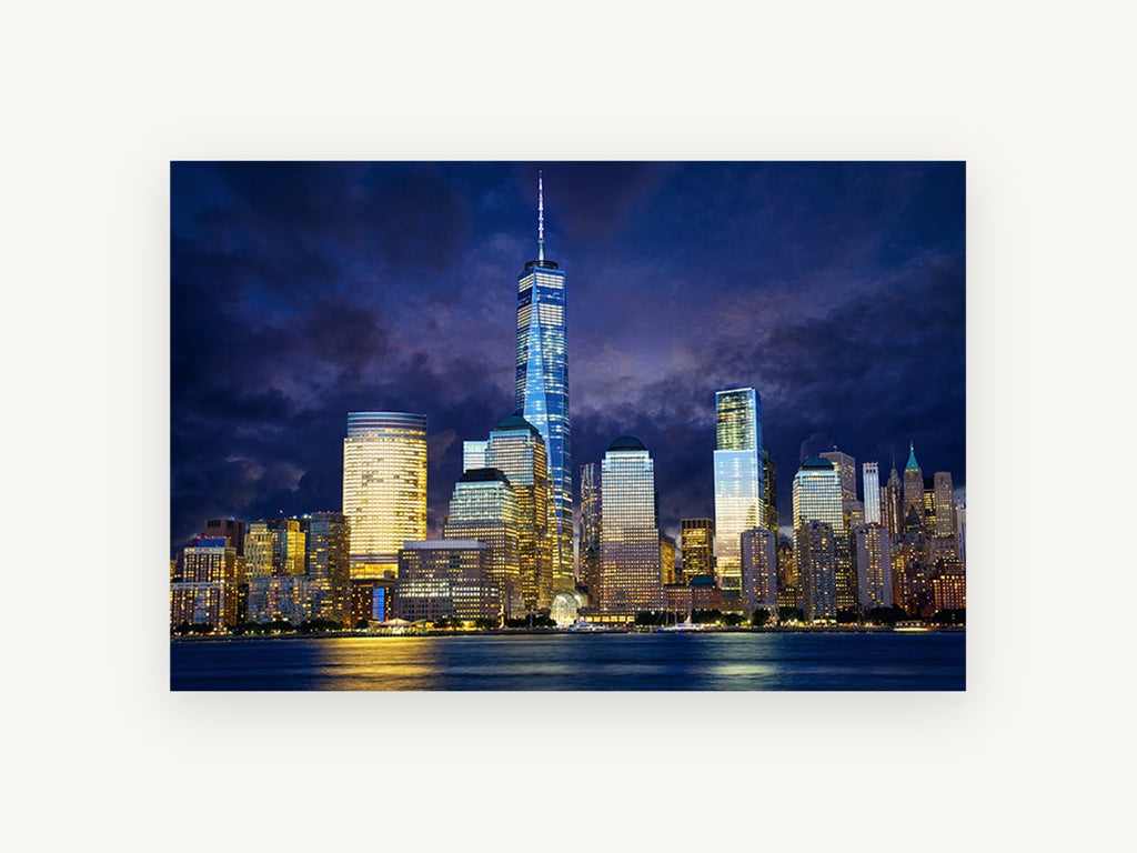 Lower Manhattan Storm Glow, lower manhattan skyline at dusk photograph, city canvas wall art print, front view
