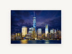 Lower Manhattan Storm Glow, lower manhattan skyline at dusk photograph, city canvas wall art print, front view
