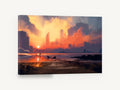 Skyline Beyond the Shore, sunset skyline beach digital illustration, coastal canvas wall art print ready to hang
