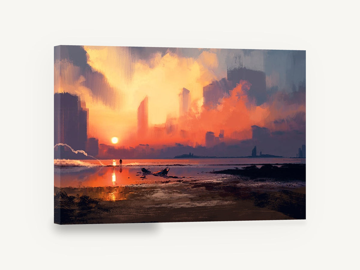 Skyline Beyond the Shore, sunset skyline beach digital illustration, coastal canvas wall art print ready to hang