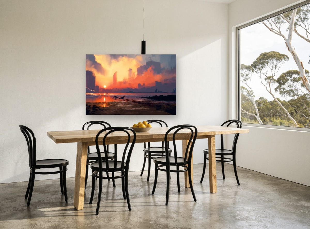 Skyline Beyond the Shore coastal canvas print on the wall of a dining room