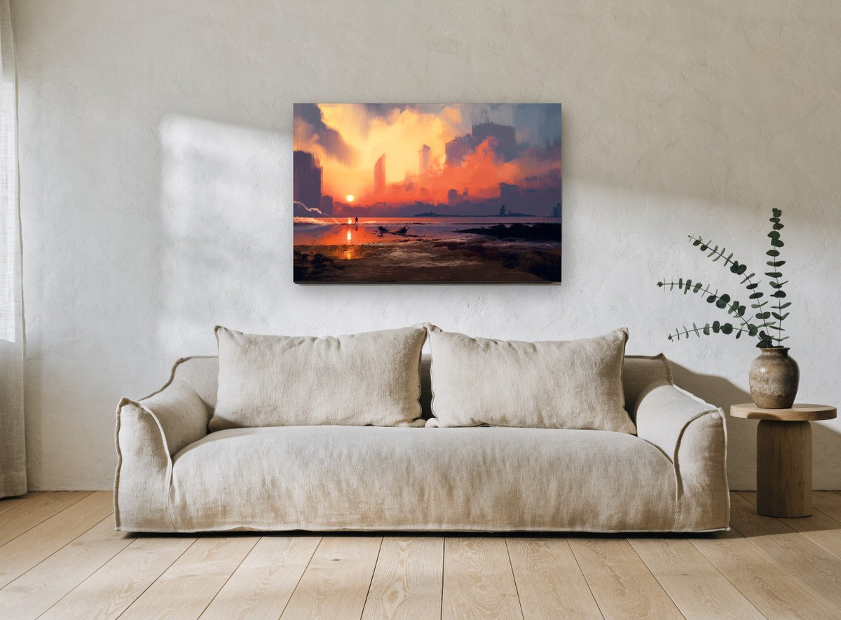 Skyline Beyond the Shore coastal canvas print on the wall of a living room