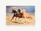 Three Horses Galloping, galloping horses desert dust photograph, landscape canvas wall art print, front view