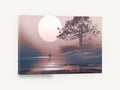 Moonlit Shore Walk, giant moon lake tree illustration, landscape canvas wall art print ready to hang