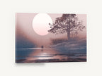 Moonlit Shore Walk, giant moon lake tree illustration, landscape canvas wall art print ready to hang