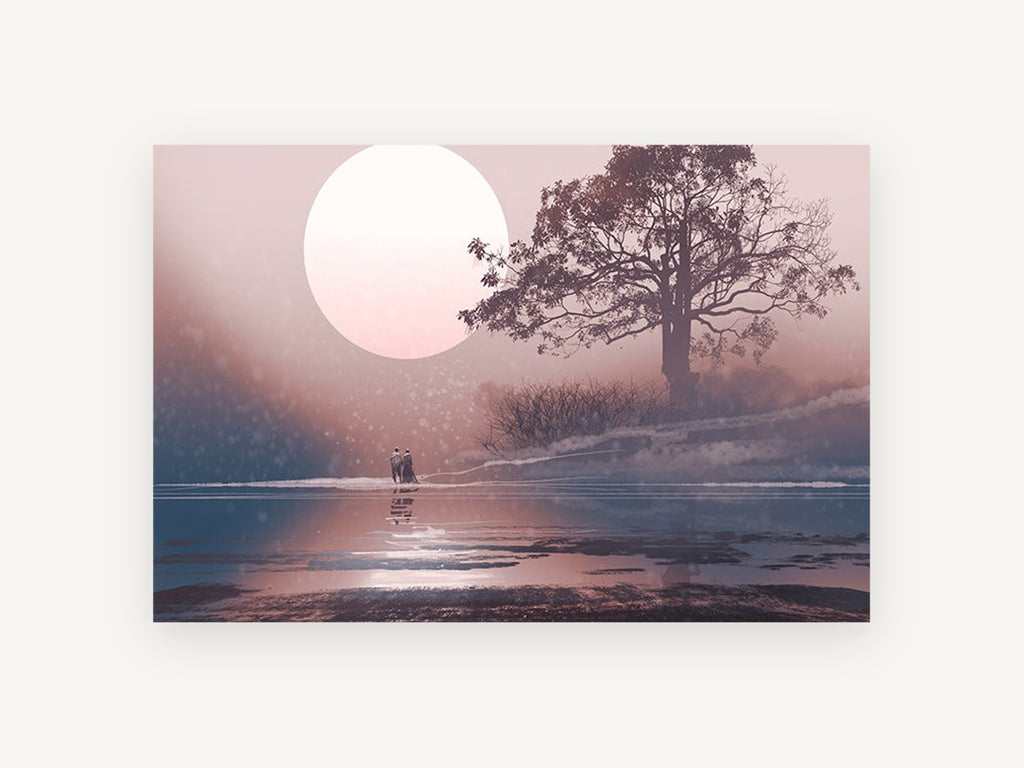 Moonlit Shore Walk, giant moon lake tree illustration, landscape canvas wall art print, front view