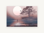 Moonlit Shore Walk, giant moon lake tree illustration, landscape canvas wall art print, front view