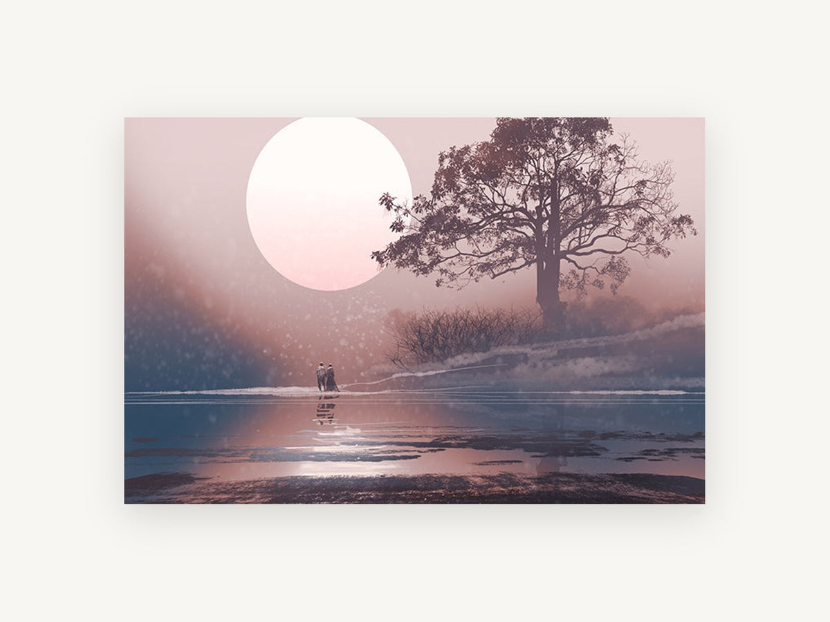 Moonlit Shore Walk, giant moon lake tree illustration, landscape canvas wall art print, front view