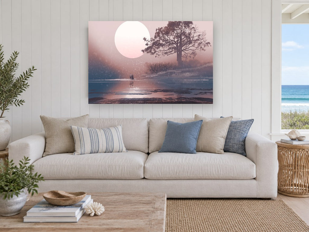 Moonlit Shore Walk landscape canvas print on the wall of a beach house living room