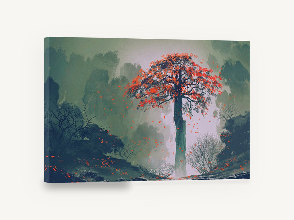 Red Leaves Falling, lone red autumn tree illustration, landscape canvas wall art print ready to hang