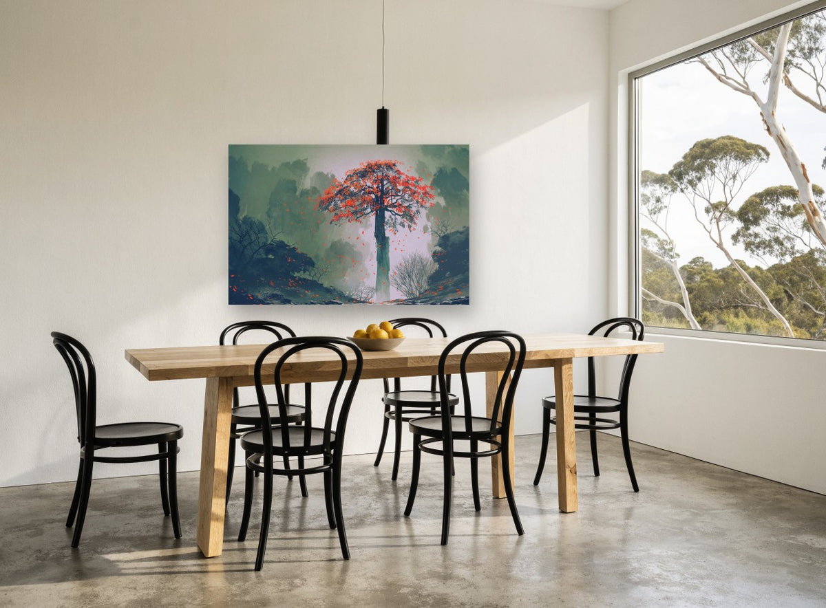Red Leaves Falling landscape canvas print on the wall of a dining room
