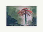 Red Leaves Falling, lone red autumn tree illustration, landscape canvas wall art print, front view