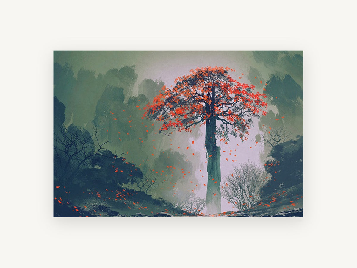 Red Leaves Falling, lone red autumn tree illustration, landscape canvas wall art print, front view