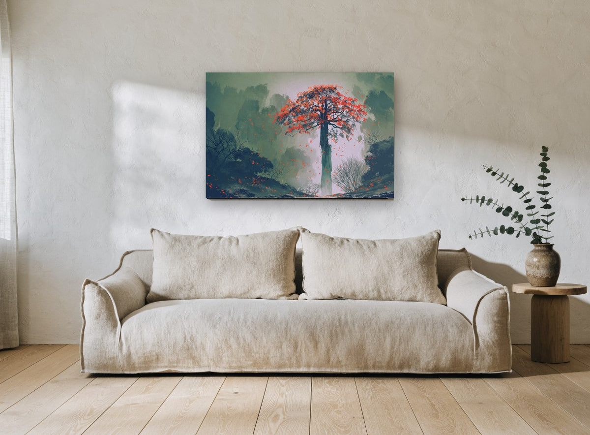 Red Leaves Falling landscape canvas print on the wall of a living room