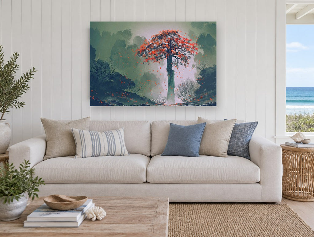Red Leaves Falling landscape canvas print on the wall of a beach house living room