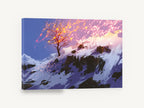 Ember Tree on Snowy Ridge, glowing bare tree snowy mountain illustration, landscape canvas wall art print ready to hang