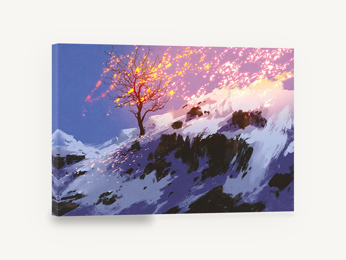 Ember Tree on Snowy Ridge, glowing bare tree snowy mountain illustration, landscape canvas wall art print ready to hang