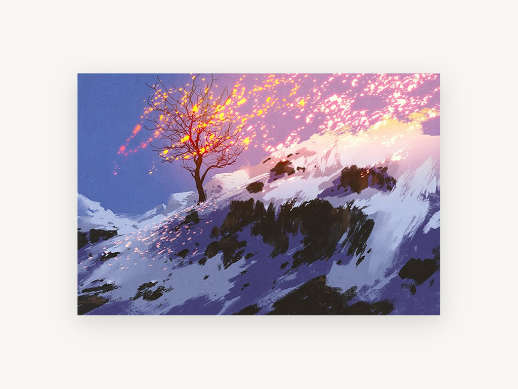 Ember Tree on Snowy Ridge, glowing bare tree snowy mountain illustration, landscape canvas wall art print, front view