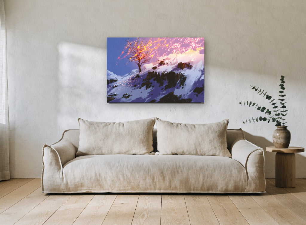 Ember Tree on Snowy Ridge landscape canvas print on the wall of a living room