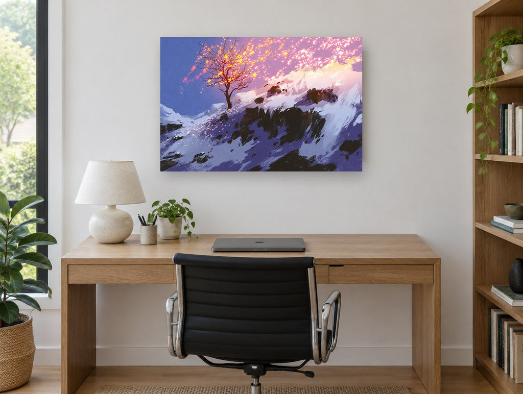 Ember Tree on Snowy Ridge landscape canvas print on the wall of a study