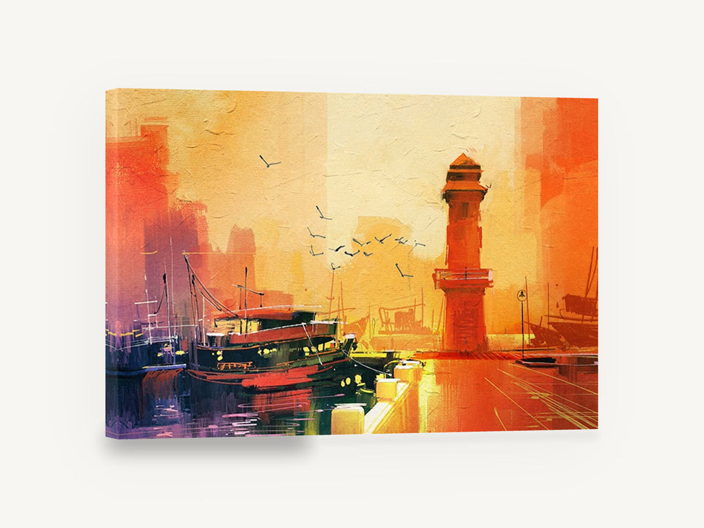 Amber Harbour Lighthouse, lighthouse and fishing boat sunset illustration, coastal canvas wall art print ready to hang