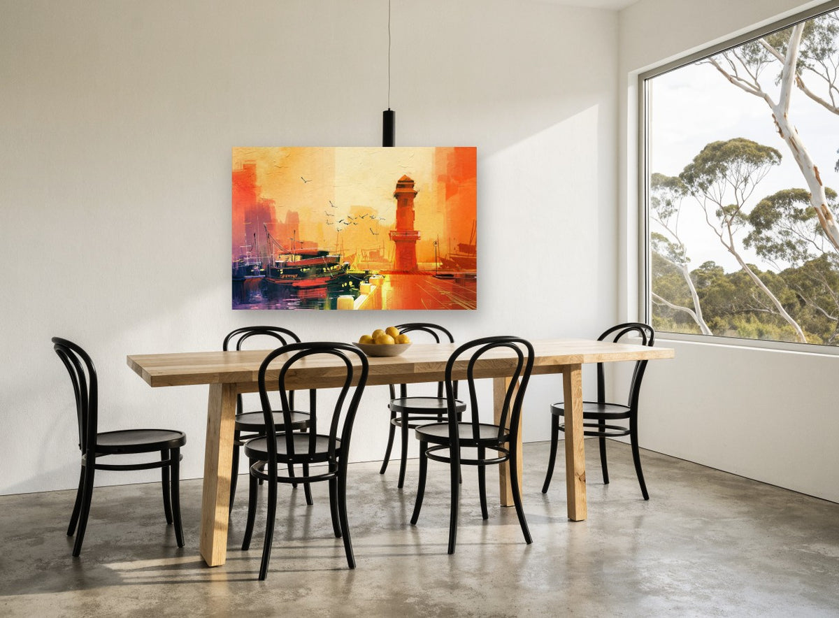 Amber Harbour Lighthouse coastal canvas print on the wall of a dining room