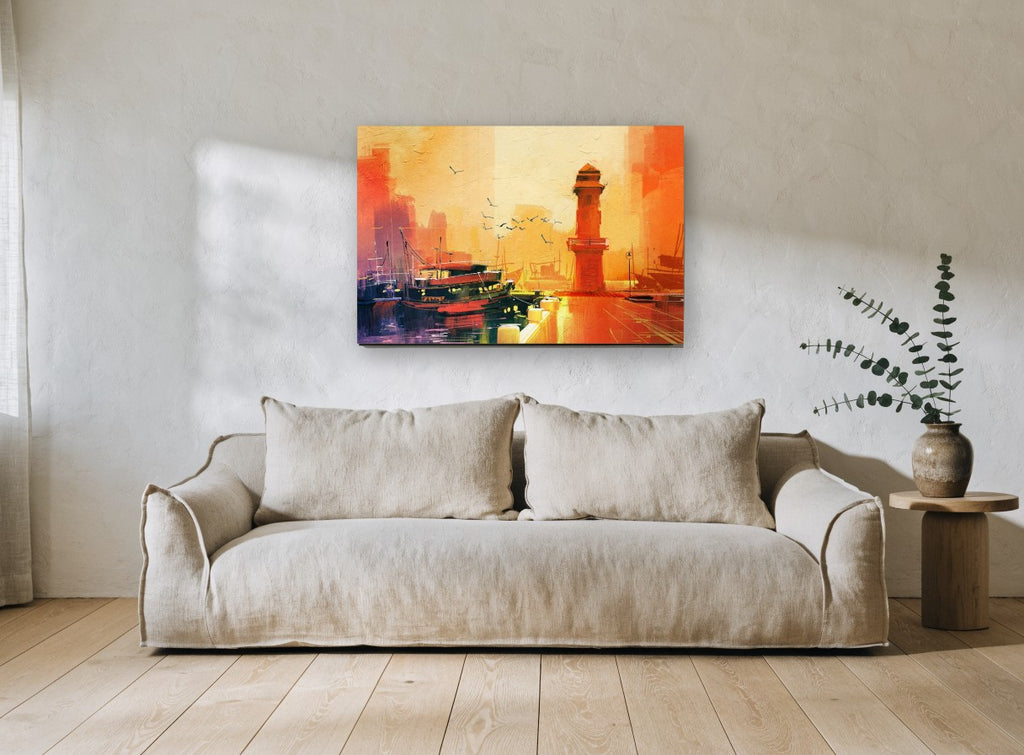 Amber Harbour Lighthouse coastal canvas print on the wall of a living room
