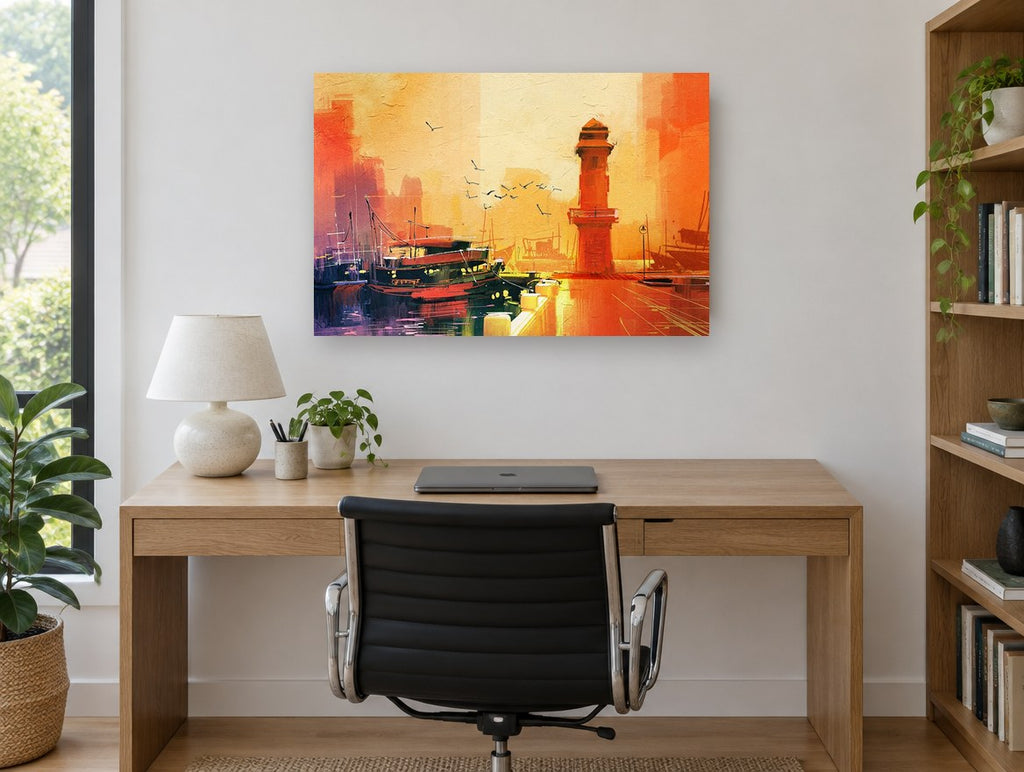 Amber Harbour Lighthouse coastal canvas print on the wall of a study
