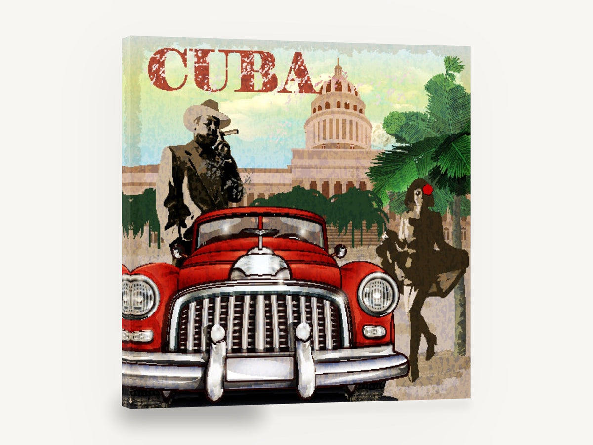 Cuba Red Car Havana, retro cuba classic car travel poster, stretched canvas wall art print ready to hang