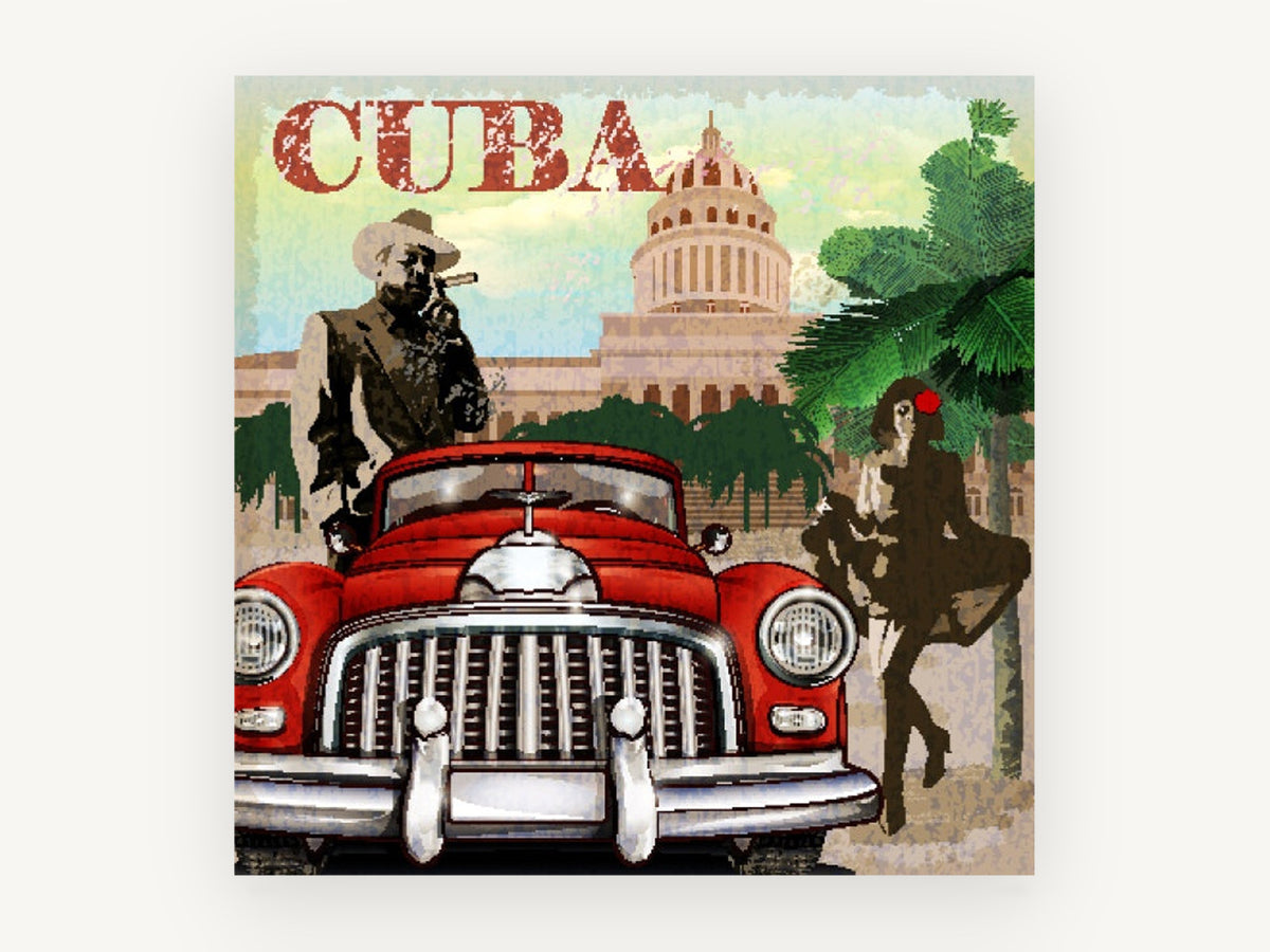 Cuba Red Car Havana, vintage canvas wall art print, front view