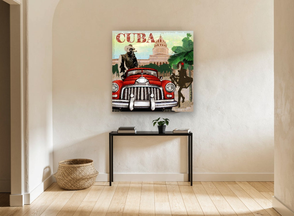 Cuba Red Car Havana vintage canvas print on the wall of a hallway
