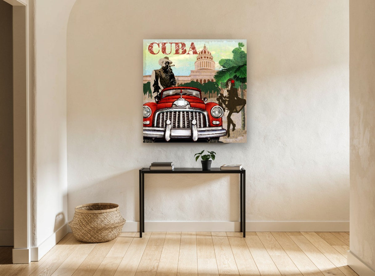 Cuba Red Car Havana vintage canvas print on the wall of a hallway