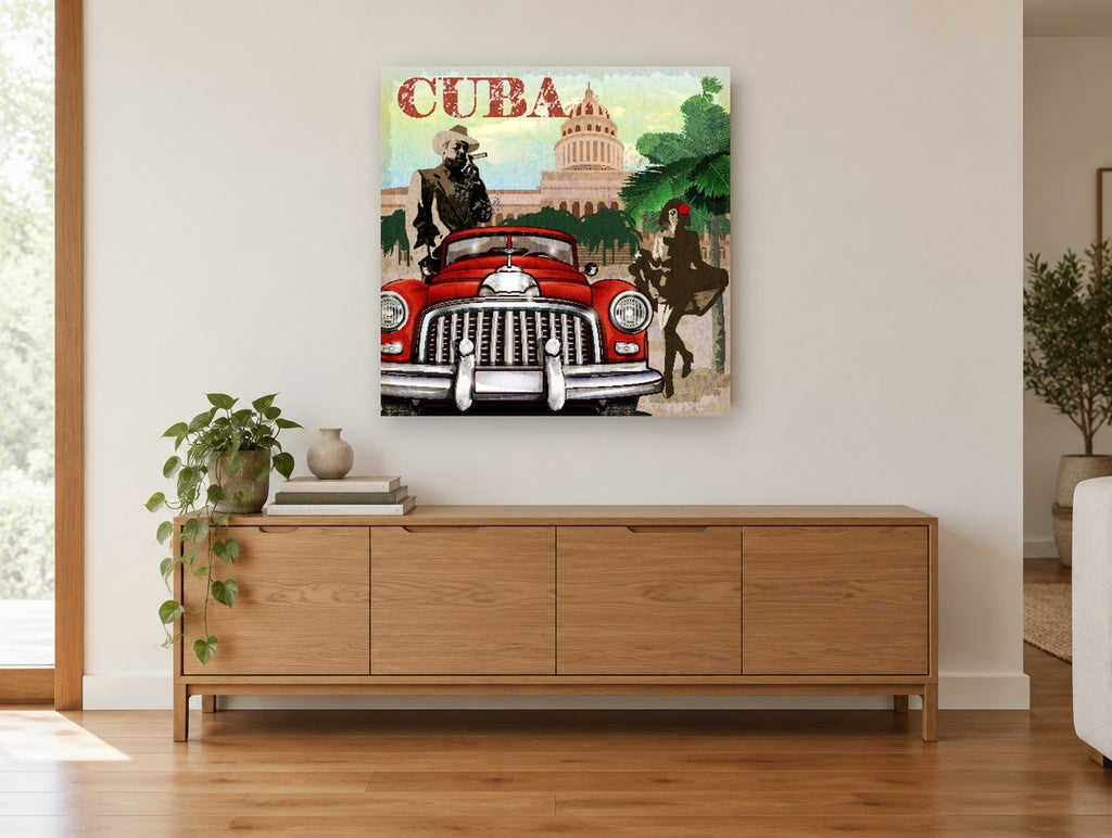 Cuba Red Car Havana vintage canvas print on the wall of a living room above a sideboard
