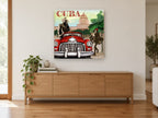 Cuba Red Car Havana vintage canvas print on the wall of a living room above a sideboard